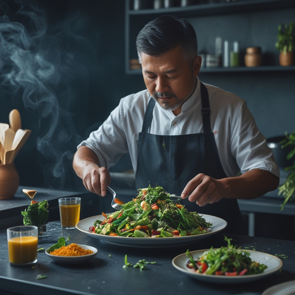 Pria dewasa berusia sekitar 45 tahun sedang menyiapkan salad sayuran segar di dapur modern yang terang, menampilkan berbagai sayuran hijau dan bahan-bahan alami