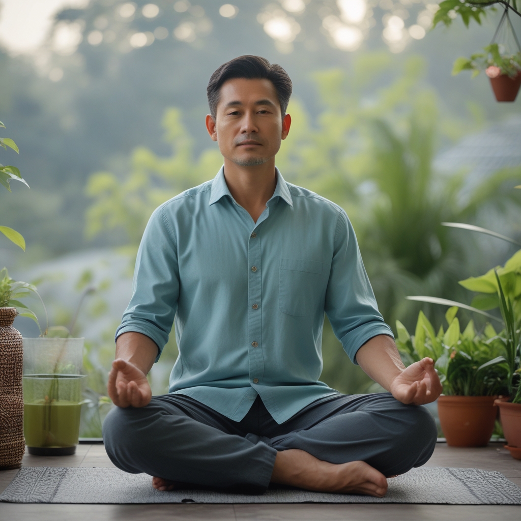 Pria dewasa Asia berusia sekitar 40 tahun sedang melakukan meditasi pagi di teras rumah yang dikelilingi tanaman hijau, dalam posisi duduk bersila yang tenang