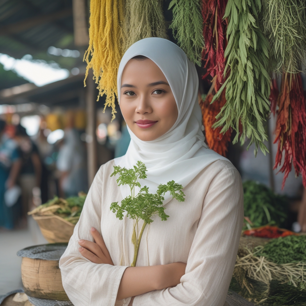 Pasar tradisional Indonesia yang kaya dengan berbagai rempah-rempah dan tanaman herbal lokal seperti temulawak kuning, jahe merah, kunyit, dan kencur yang tertata rapi dalam keranjang bambu