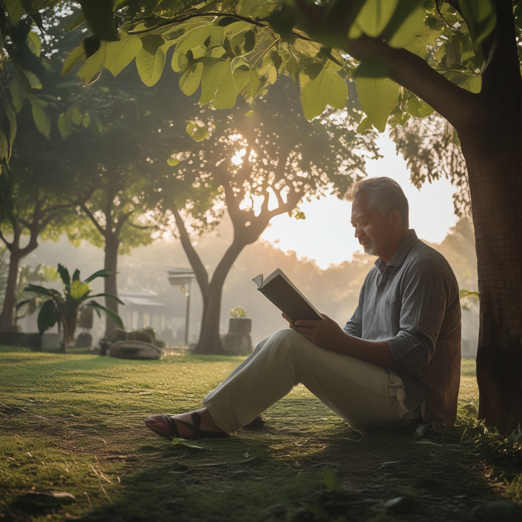 Pemandangan taman kota yang hijau dengan pohon-pohon rindang dan bangku kayu di mana seorang pria dewasa berpakaian casual duduk membaca buku dengan tenang di bawah sinar matahari